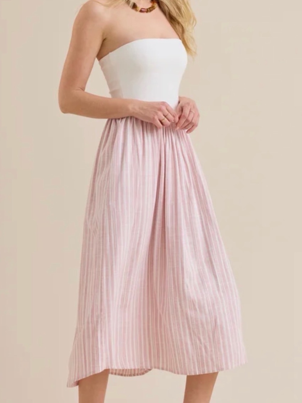 Strapless White Bodice with Pink Stripe Midi Dress - Picture 3 of 4